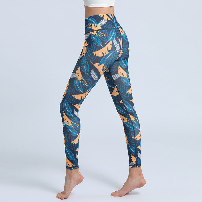 Buddha Stones Leaves Print Pants Sports Fitness Yoga High Waist Leggings Women's Yoga Pants - Steelblue Yellow Leaves - US8-10，UK/AU12-14，EU40-42 (XL)  - image 11