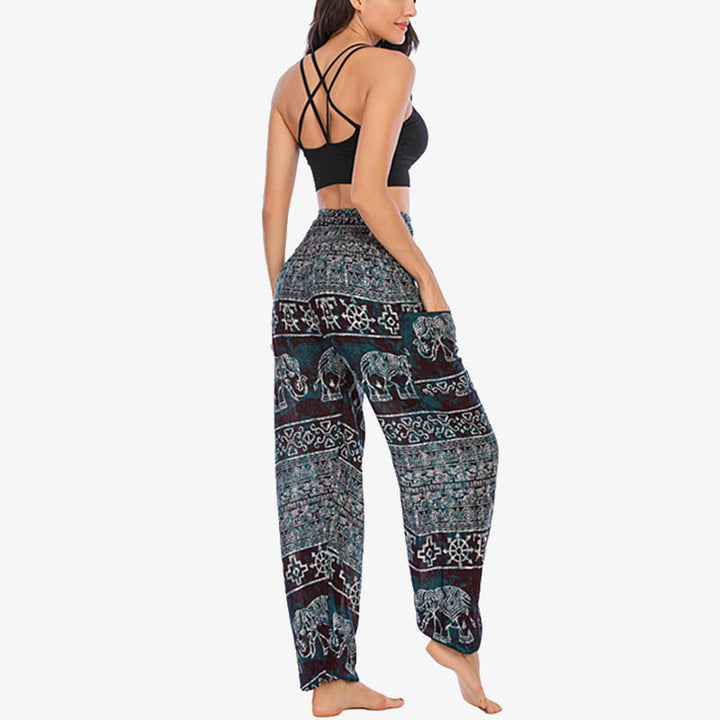 Buddha Stones Elephant Pattern Loose Casual Harem Trousers High Waist Women's Yoga Pants