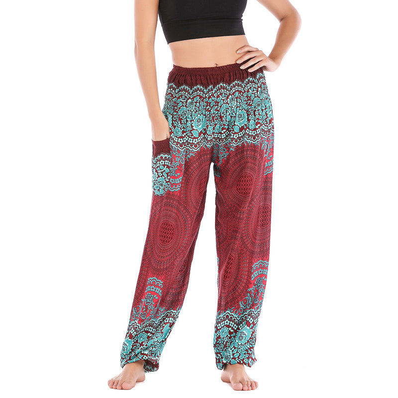 Buddha Stones Round Geometric Pattern Loose Casual Harem Trousers High Waist Women's Yoga Pants - Red Green-US2-8/10，UK/AU6-12/14，EU34-40/42 (F) - image 0