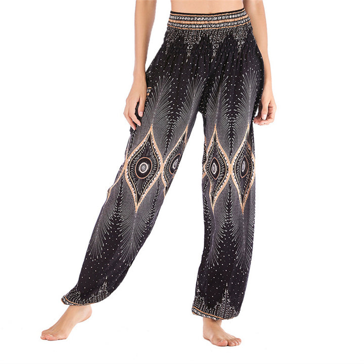 Buddha Stones Small Eye Peacock Feathers Pattern Loose Smocked Harem Trousers High Waist Women's Yoga Pants - Black-US2-8/10，UK/AU6-12/14，EU34-40/42 (F) - image 11