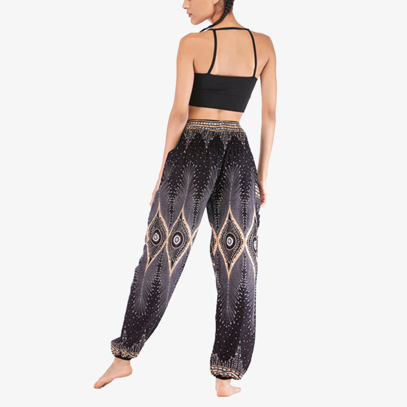 Buddha Stones Small Eye Peacock Feathers Pattern Loose Smocked Harem Trousers High Waist Women's Yoga Pants