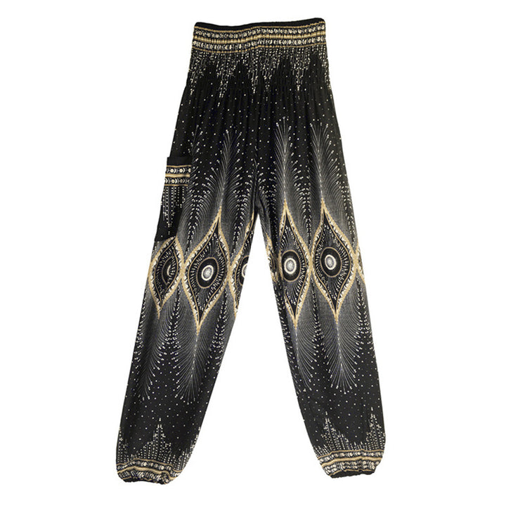 Buddha Stones Small Eye Peacock Feathers Pattern Loose Smocked Harem Trousers High Waist Women's Yoga Pants - image 16