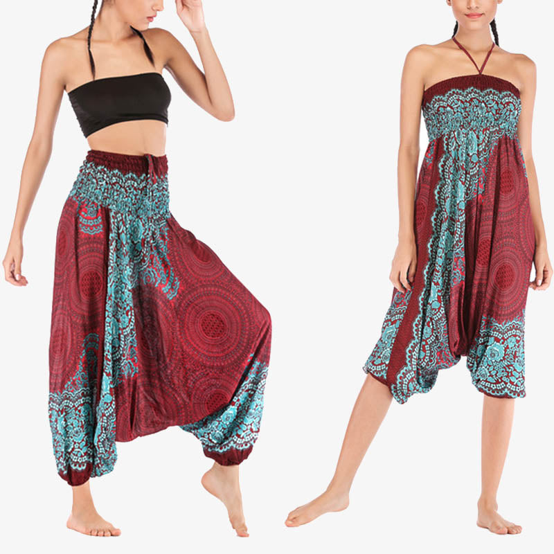 Buddha Stones Two Style Wear Round Geometric Pattern Loose Smocked Harem Trousers Jumpsuit High Waist Women's Yoga Pants - Red Green-US2-12，UK/AU6-16，EU34-44 (F) - image 0