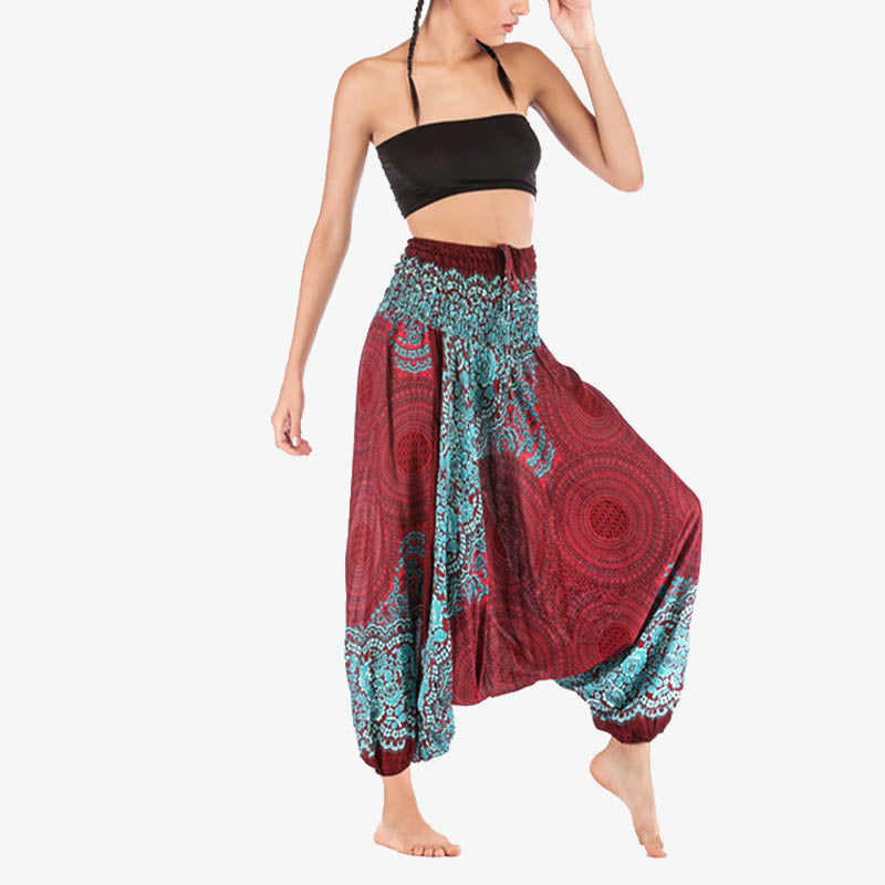 Buddha Stones Two Style Wear Round Geometric Pattern Loose Smocked Harem Trousers Jumpsuit High Waist Women's Yoga Pants