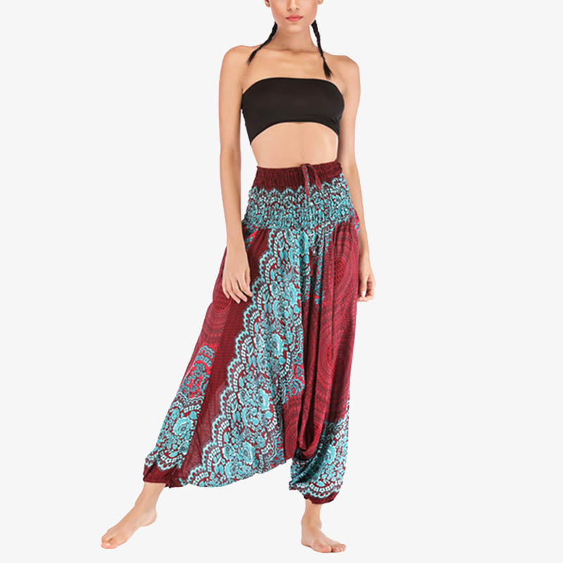 Buddha Stones Two Style Wear Round Geometric Pattern Loose Smocked Harem Trousers Jumpsuit High Waist Women's Yoga Pants