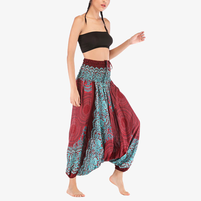 Buddha Stones Two Style Wear Round Geometric Pattern Loose Smocked Harem Trousers Jumpsuit High Waist Women's Yoga Pants