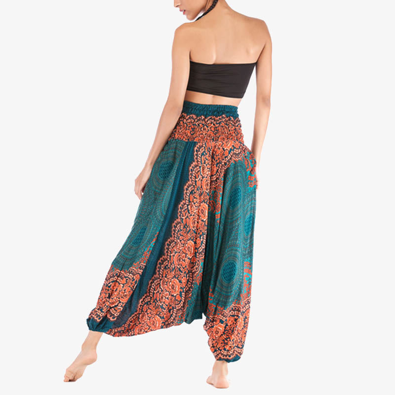 Buddha Stones Two Style Wear Round Geometric Pattern Loose Smocked Harem Trousers Jumpsuit High Waist Women's Yoga Pants