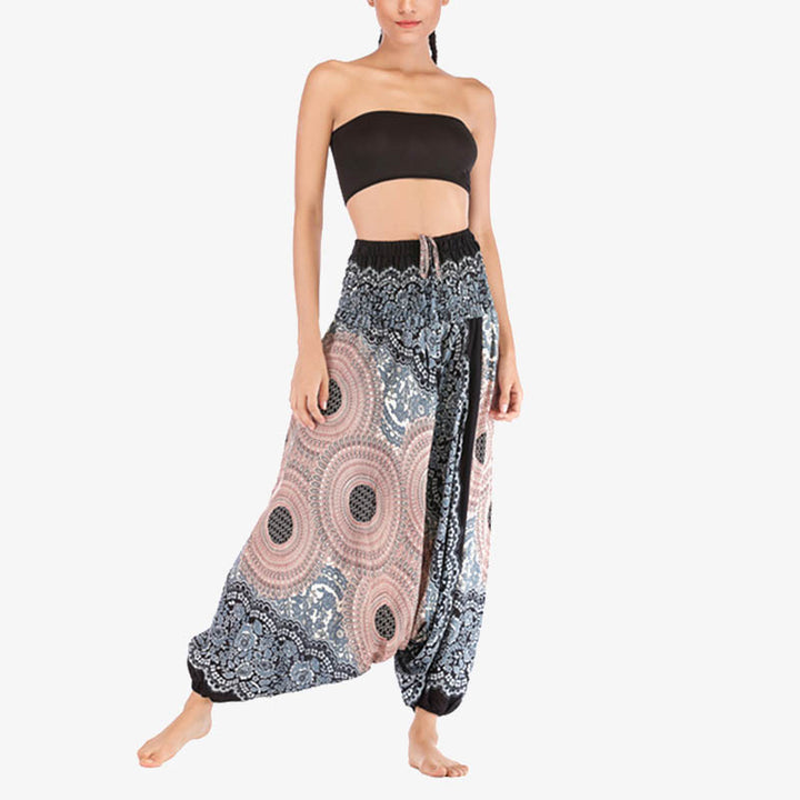 Buddha Stones Two Style Wear Round Geometric Pattern Loose Smocked Harem Trousers Jumpsuit High Waist Women's Yoga Pants