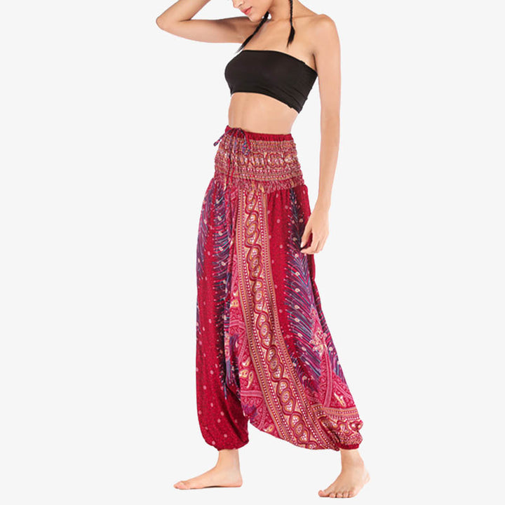 Buddha Stones Two Style Wear Feathers Geometric Pattern Loose Smocked Trousers Jumpsuit Women's Yoga Pants