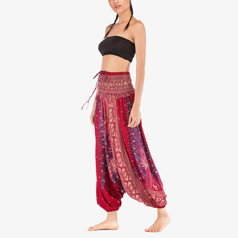 Buddha Stones Two Style Wear Feathers Geometric Pattern Loose Smocked Trousers Jumpsuit Women's Yoga Pants - image 4