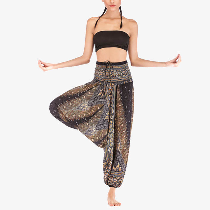 Buddha Stones Two Style Wear Feathers Geometric Pattern Loose Smocked Trousers Jumpsuit Women's Yoga Pants