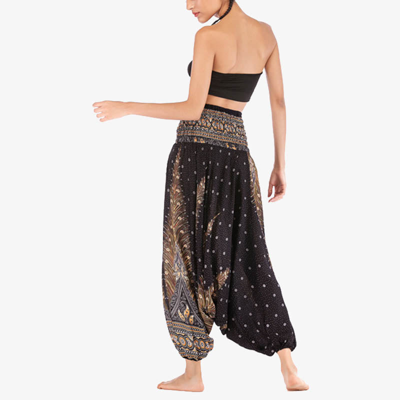 Buddha Stones Two Style Wear Feathers Geometric Pattern Loose Smocked Trousers Jumpsuit Women's Yoga Pants - image 22