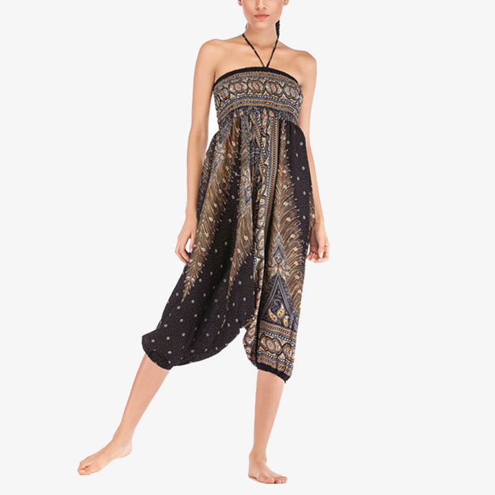 Buddha Stones Two Style Wear Feathers Geometric Pattern Loose Smocked Trousers Jumpsuit Women's Yoga Pants - image 24