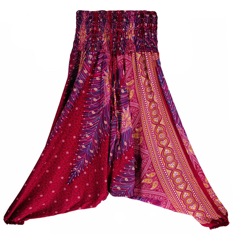 Buddha Stones Two Style Wear Feathers Geometric Pattern Loose Smocked Trousers Jumpsuit Women's Yoga Pants - image 9