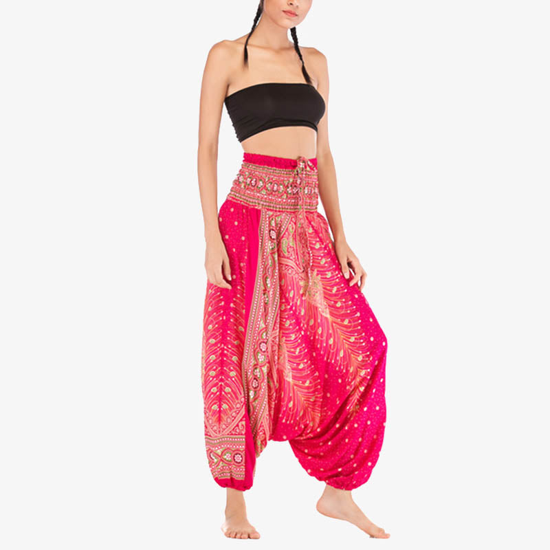 Buddha Stones Two Style Wear Feathers Geometric Pattern Loose Smocked Trousers Jumpsuit Women's Yoga Pants - image 12