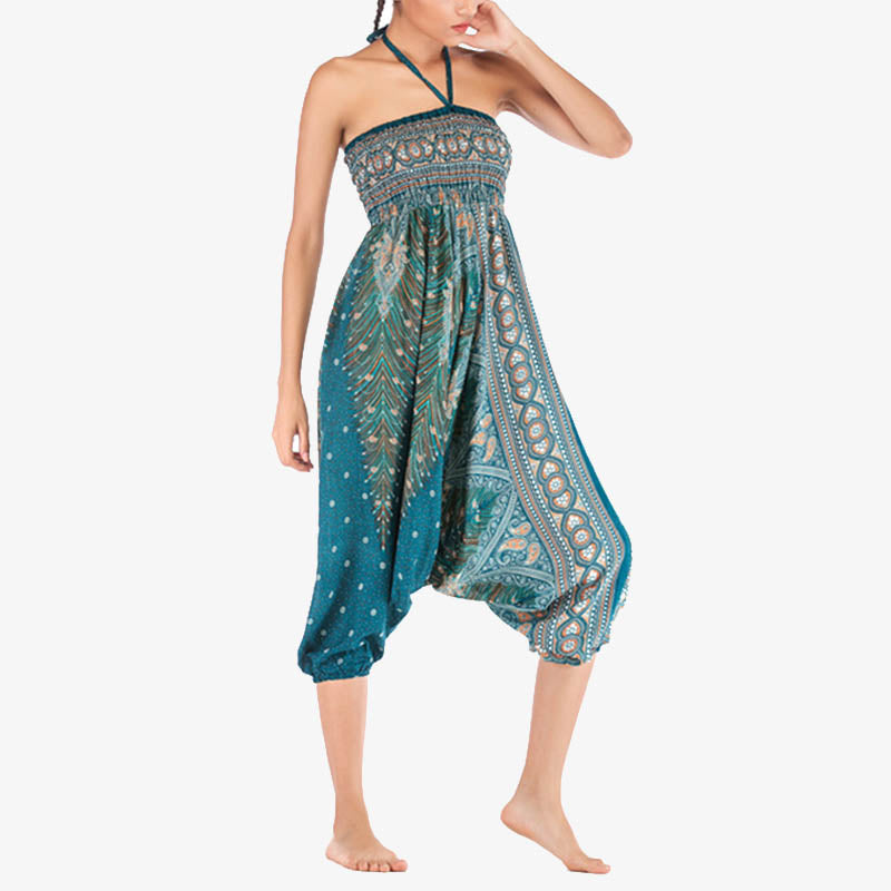 Buddha Stones Two Style Wear Feathers Geometric Pattern Loose Smocked Trousers Jumpsuit Women's Yoga Pants - image 34