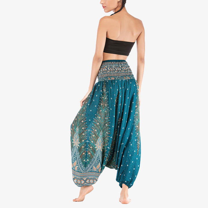 Buddha Stones Two Style Wear Feathers Geometric Pattern Loose Smocked Trousers Jumpsuit Women's Yoga Pants - image 32