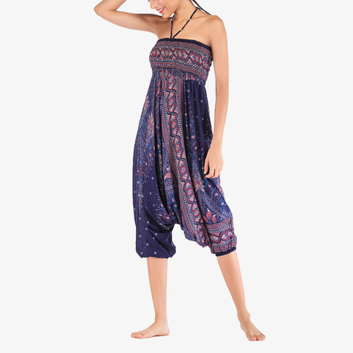 Buddha Stones Two Style Wear Feathers Geometric Pattern Loose Smocked Trousers Jumpsuit Women's Yoga Pants - image 42