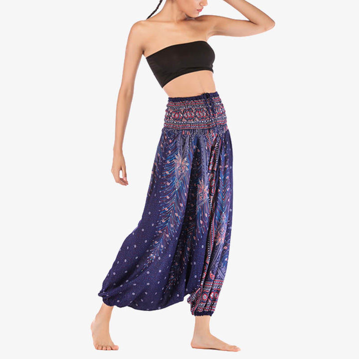 Buddha Stones Two Style Wear Feathers Geometric Pattern Loose Smocked Trousers Jumpsuit Women's Yoga Pants - image 39