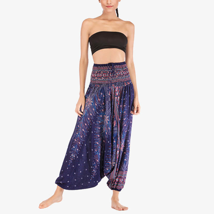 Buddha Stones Two Style Wear Feathers Geometric Pattern Loose Smocked Trousers Jumpsuit Women's Yoga Pants - image 38