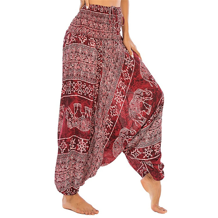 Buddha Stones Two Style Wear Elephant Pattern Loose Smocked Harem Trousers Jumpsuit Women's Yoga Pants - Red Elephant - US2-12，UK/AU6-16，EU34-44 (F) - image 0