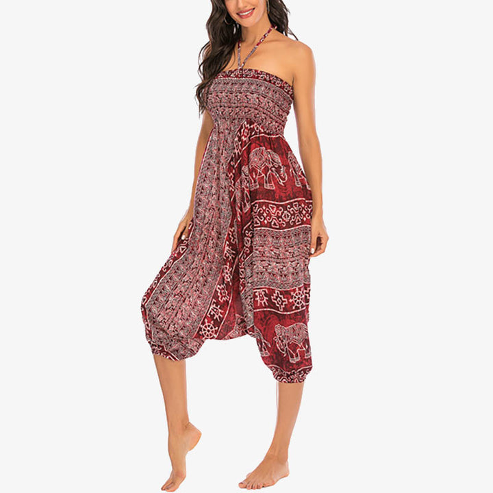 Buddha Stones Two Style Wear Elephant Pattern Loose Smocked Harem Trousers Jumpsuit Women's Yoga Pants