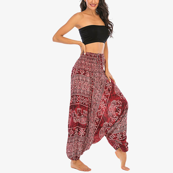 Buddha Stones Two Style Wear Elephant Pattern Loose Smocked Harem Trousers Jumpsuit Women's Yoga Pants