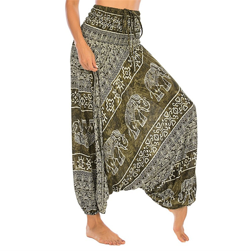 Buddha Stones Two Style Wear Elephant Pattern Loose Smocked Harem Trousers Jumpsuit Women's Yoga Pants