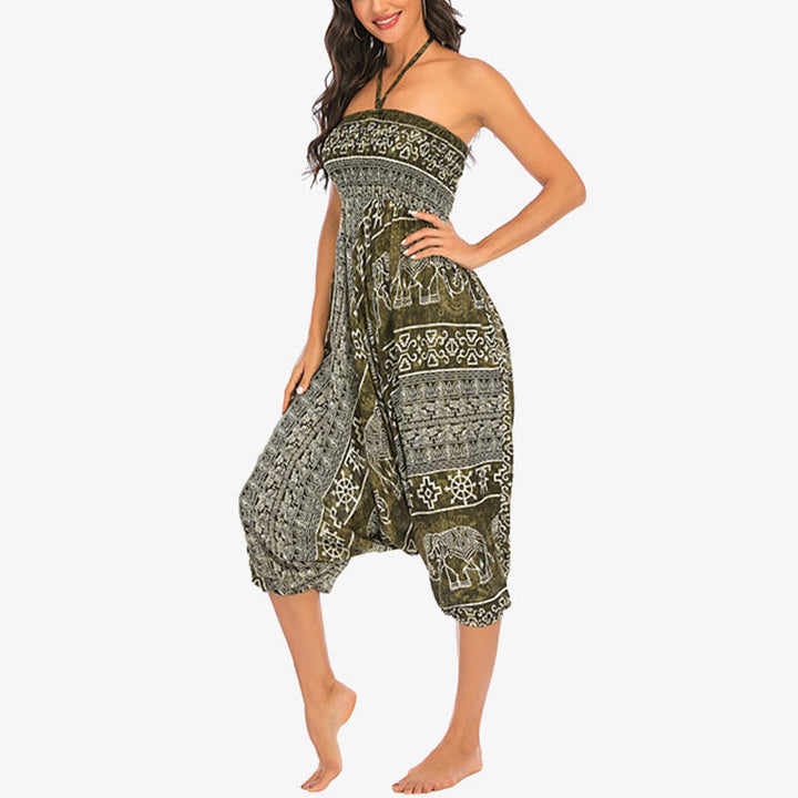 Buddha Stones Two Style Wear Elephant Pattern Loose Smocked Harem Trousers Jumpsuit Women's Yoga Pants