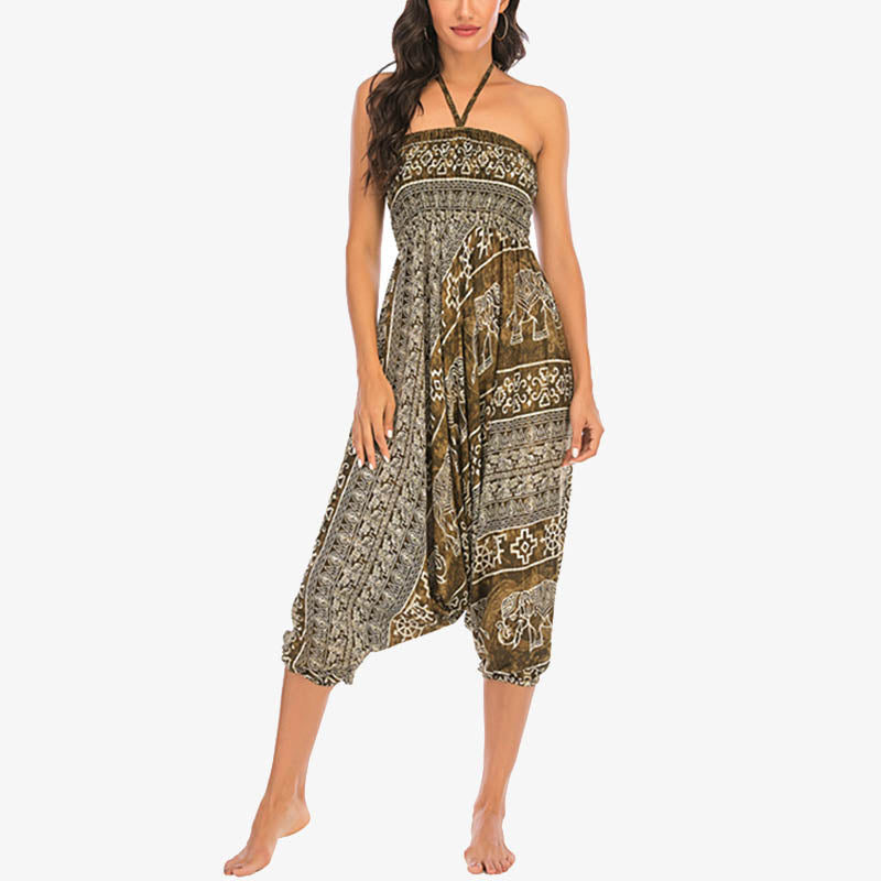 Buddha Stones Two Style Wear Elephant Pattern Loose Smocked Harem Trousers Jumpsuit Women's Yoga Pants