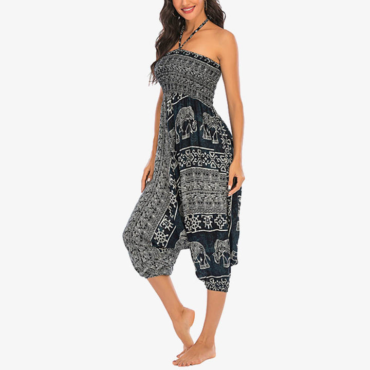 Buddha Stones Two Style Wear Elephant Pattern Loose Smocked Harem Trousers Jumpsuit Women's Yoga Pants