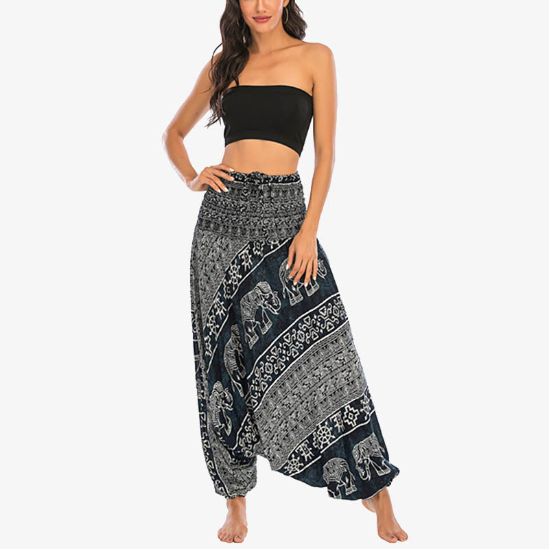 Buddha Stones Two Style Wear Elephant Pattern Loose Smocked Harem Trousers Jumpsuit Women's Yoga Pants - image 22