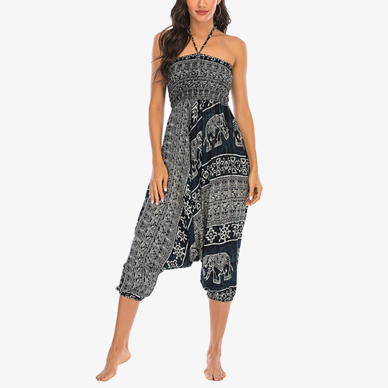 Buddha Stones Two Style Wear Elephant Pattern Loose Smocked Harem Trousers Jumpsuit Women's Yoga Pants