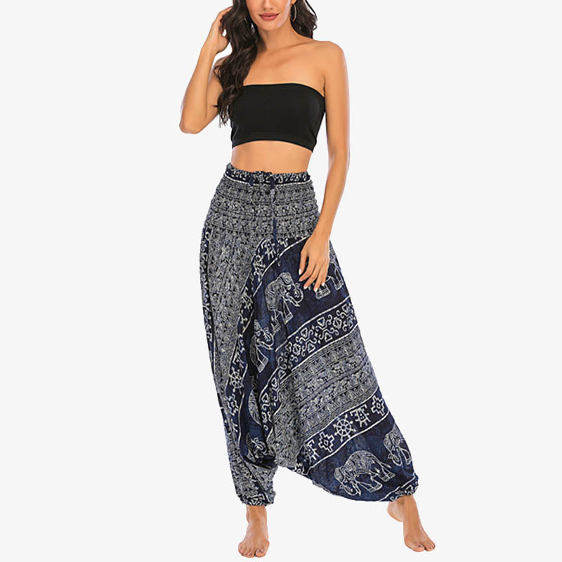 Buddha Stones Two Style Wear Elephant Pattern Loose Smocked Harem Trousers Jumpsuit Women's Yoga Pants