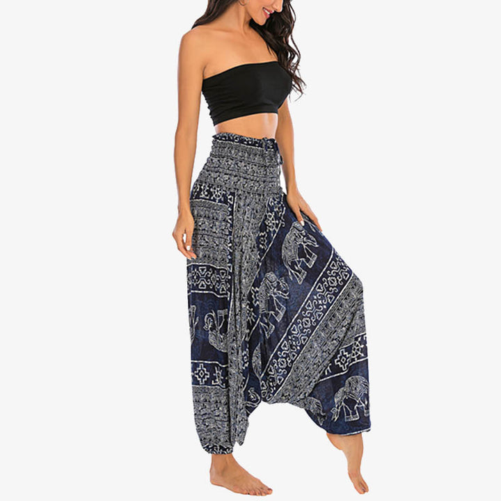 Buddha Stones Two Style Wear Elephant Pattern Loose Smocked Harem Trousers Jumpsuit Women's Yoga Pants