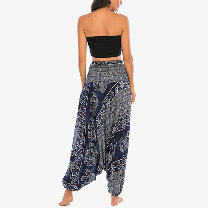 Buddha Stones Two Style Wear Elephant Pattern Loose Smocked Harem Trousers Jumpsuit Women's Yoga Pants