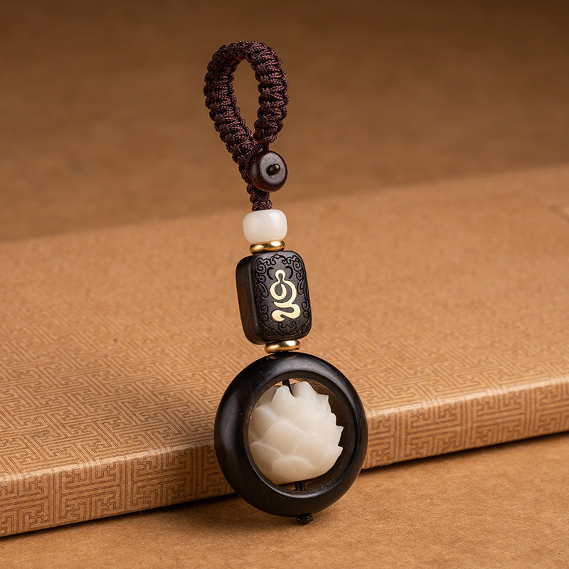 Buddha Stones Ebony Wood Bodhi Seed Lotus Enlightenment Key Chain Decoration