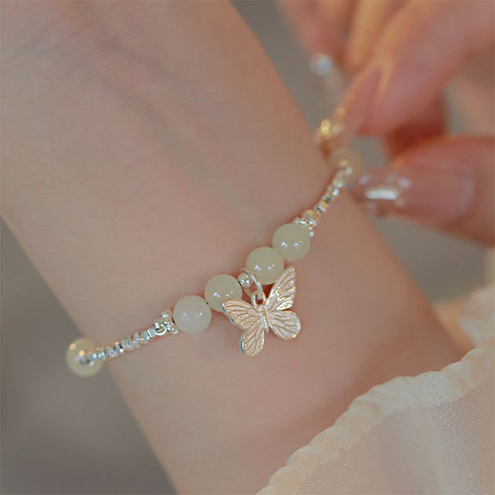 Buddha Stones 925 Sterling Silver Natural Hetian Jade Luck Butterfly Charm Bracelet - Hetian Jade(Wrist Circumference 14-16cm) - image 0