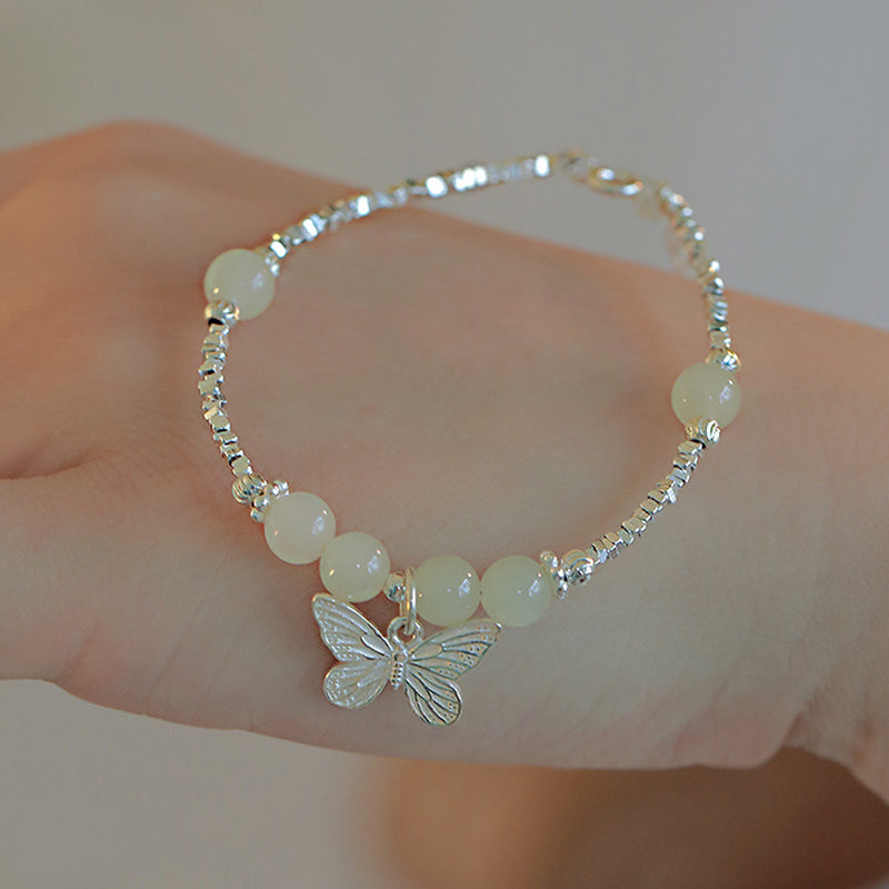Buddha Stones 925 Sterling Silver Natural Hetian Jade Luck Butterfly Charm Bracelet - image 2