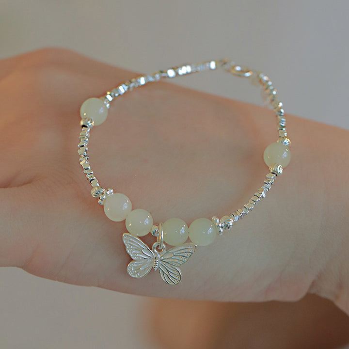 Buddha Stones 925 Sterling Silver Natural Hetian Jade Luck Butterfly Charm Bracelet - image 2