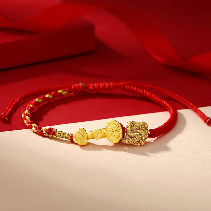 Buddha Stones 999 Sterling Silver Ruyi Handle Fu Character Fortune Luck Rope Bracelet - 14-22cm - image 0