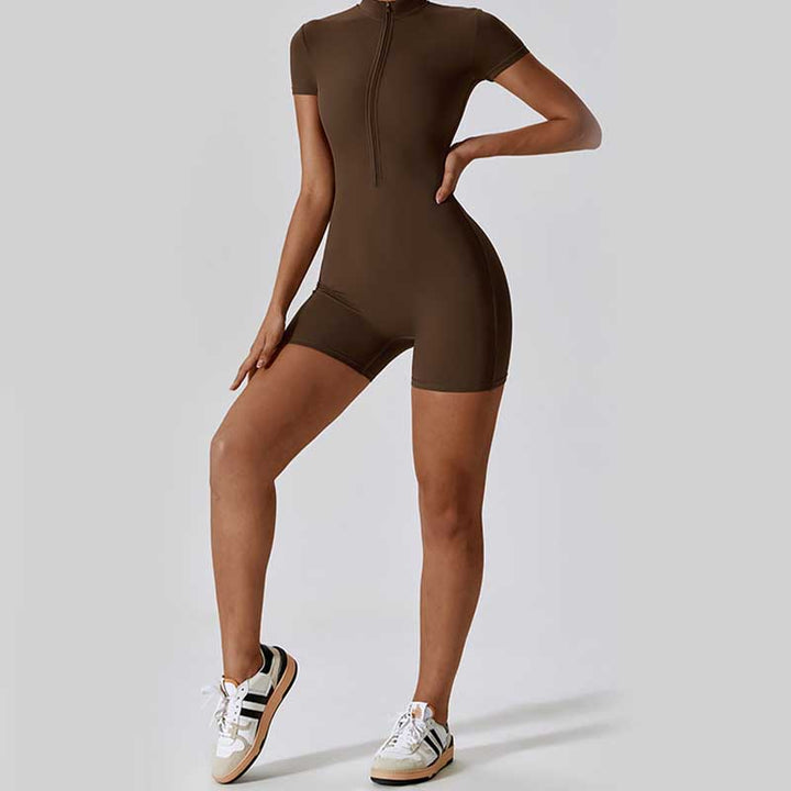 Buddha Stones High Stretch Zipper Short Sleeve Jumpsuit Sports Fitness Yoga Women Bodysuit