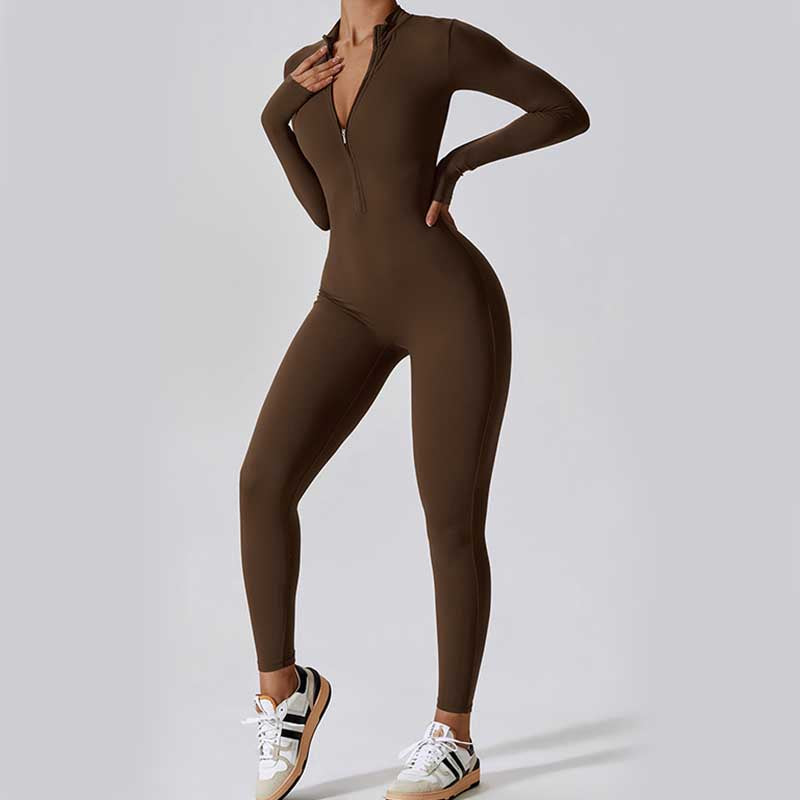 Buddha Stones Women Zipper Long Sleeve Shapewear Jumpsuit Sports Fitness Yoga Bodysuit