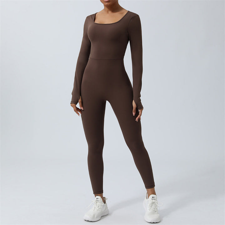 Buddha Stones Women Long Sleeve Backless Jumpsuit Sports Fitness Yoga Bodysuit - Brown - US8-10，UK/AU12-14，EU40-42 (XL)  - image 17
