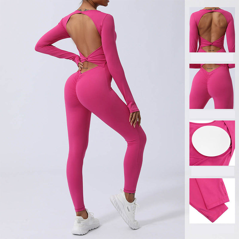 Buddha Stones Women Long Sleeve Backless Jumpsuit Sports Fitness Yoga Bodysuit - image 6
