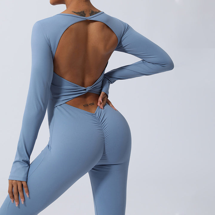 Buddha Stones Women Long Sleeve Backless Jumpsuit Sports Fitness Yoga Bodysuit