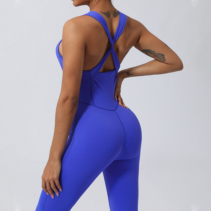 Buddha Stones Women Workout Crisscross Sleeveless Flare Jumpsuit Sports Fitness Yoga Bodysuit