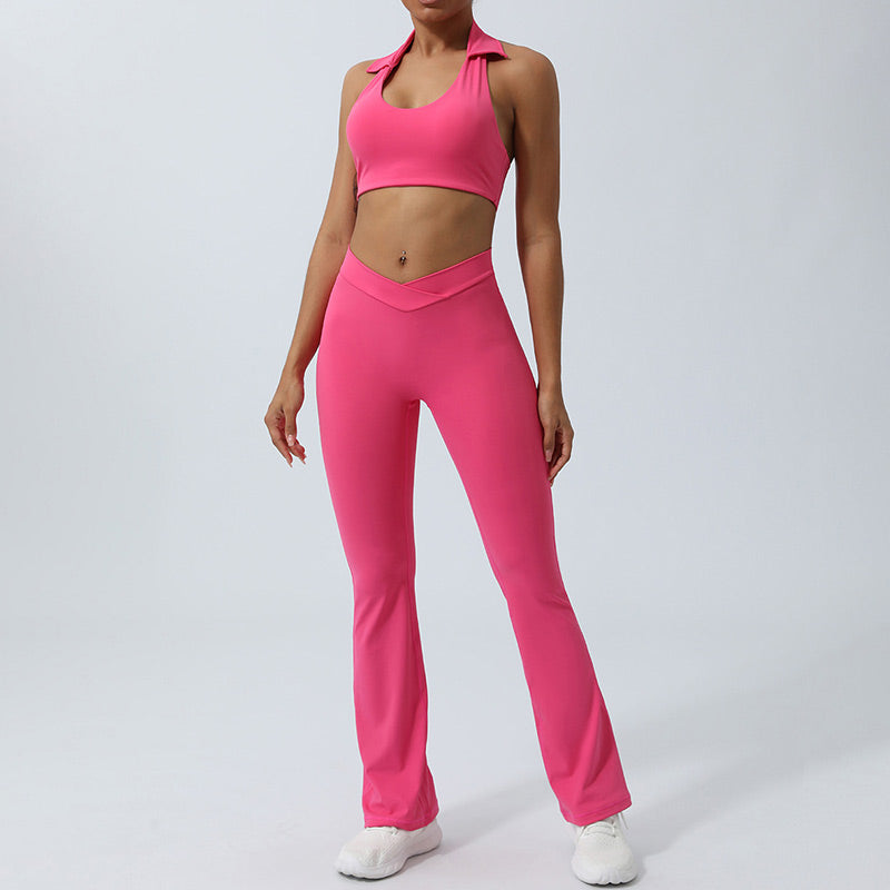 Buddha Stones 2Pcs Workout Sleeveless Backless Top Shorts Flared Pants Sports Fitness Yoga Outfit Set - Pink - 2Pcs(Top&Pants) - US8-10，UK/AU12-14，EU40-42 (XL)  - image 22