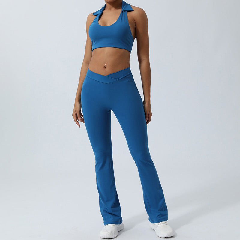 Buddha Stones 2Pcs Workout Sleeveless Backless Top Shorts Flared Pants Sports Fitness Yoga Outfit Set - Blue - 2Pcs(Top&Pants) - US8-10，UK/AU12-14，EU40-42 (XL)  - image 16