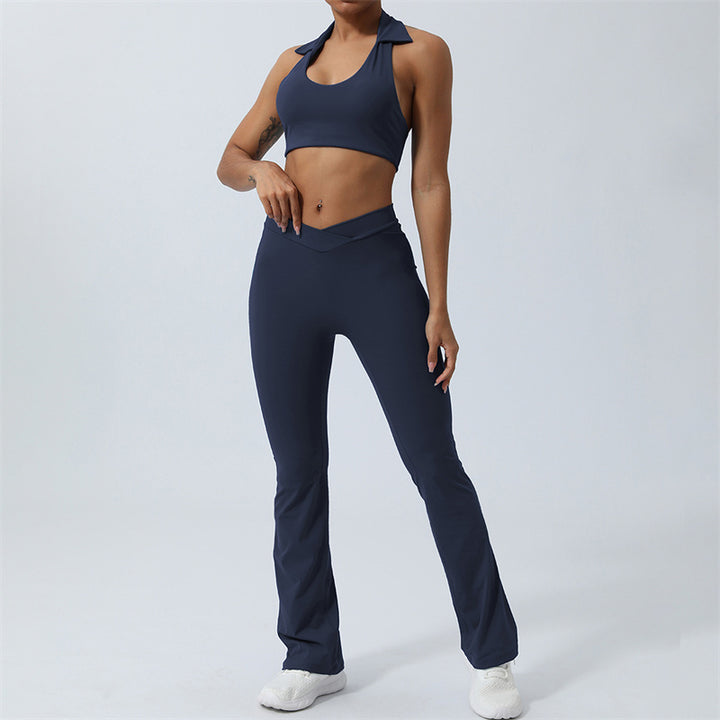 Buddha Stones 2Pcs Workout Sleeveless Backless Top Shorts Flared Pants Sports Fitness Yoga Outfit Set - Navy Blue - 2Pcs(Top&Pants) - US8-10，UK/AU12-14，EU40-42 (XL)  - image 26